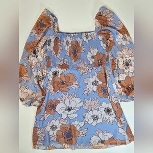 Wilfred Aritzia Tempest‎ Mini Dress Size 6 Blue Brown Floral Boho Wedding Event